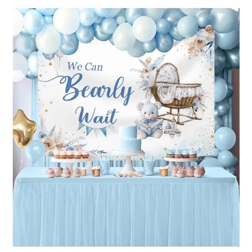 7x5ft Blue Bear Baby Shower Backdrop, We Can Bearly Wait Baby.NEW SEALED PACKAGE